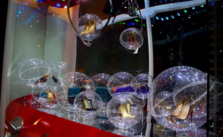 Shoes and purses in bubbles for this Christmas window display at Christian Louboutin, instead of teddy bears, snow, and Santa.