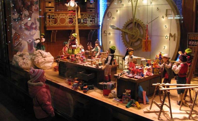 The desert Book Flagship store has a Christmas window display based on the gingerbread cookie factory scene.