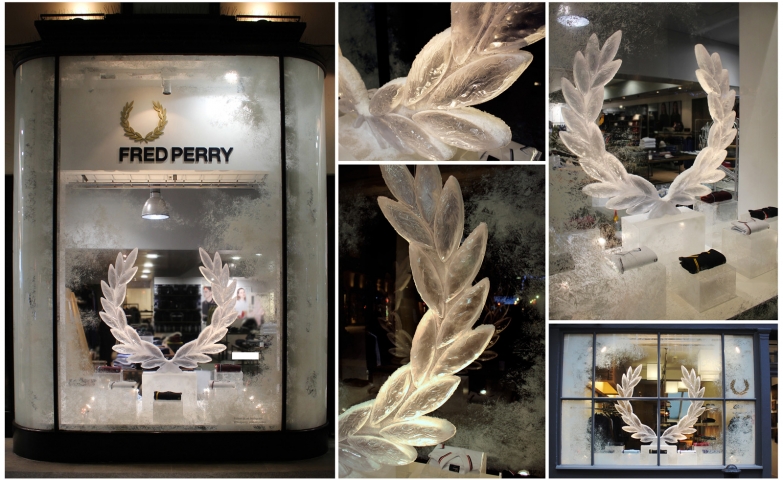 Fred Perry decorated the window display for Christmas with their iced logo, and a steamy window, looking mystic.