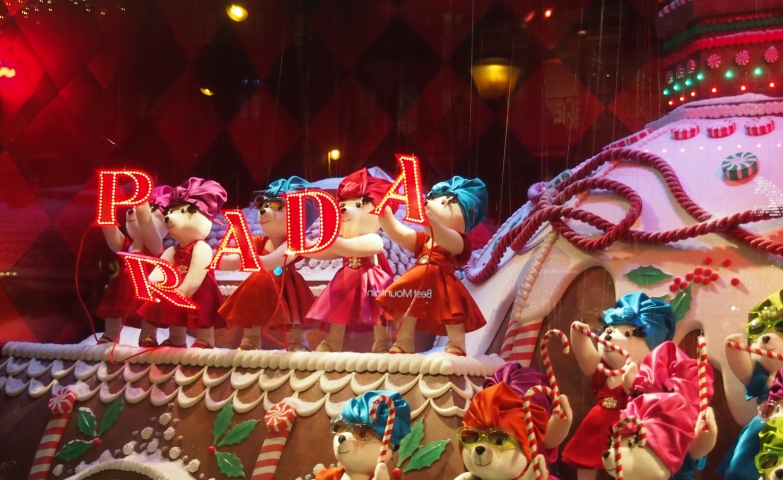 Prada is going to have a show for Christmas, in their window display, with cute polar bear dolls dressed in colorful dresses.