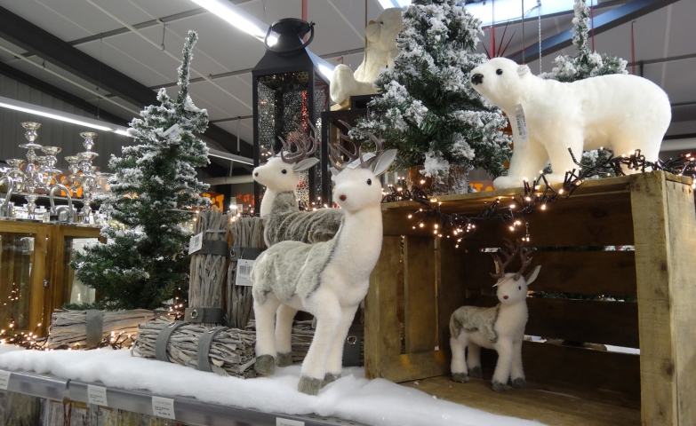 Christmas is here with these cute plush reindeers and the cute polar bear, the snowed fir and the branches for the fire.